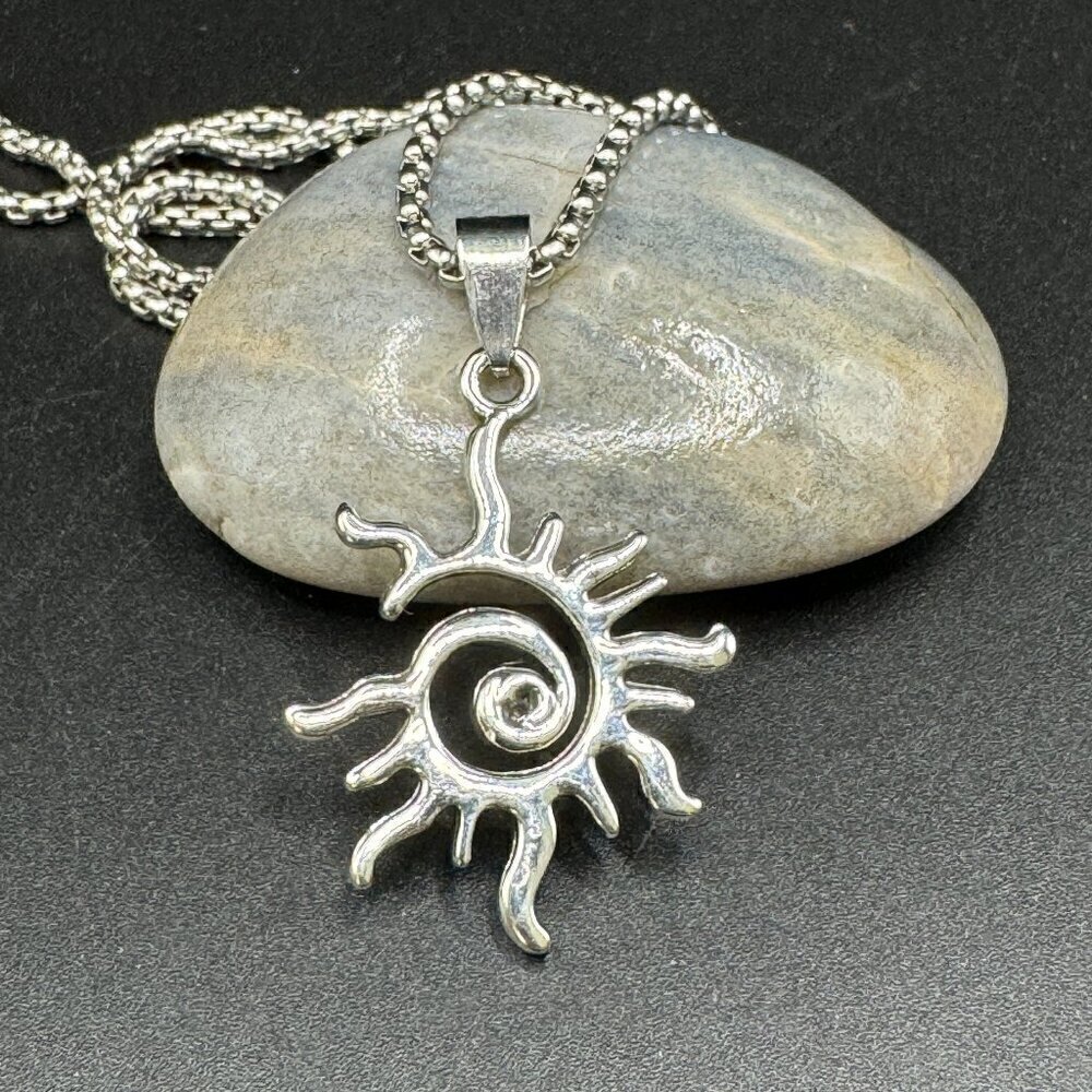 Spiral Sun Silver Tone Pendant and Necklace #1375